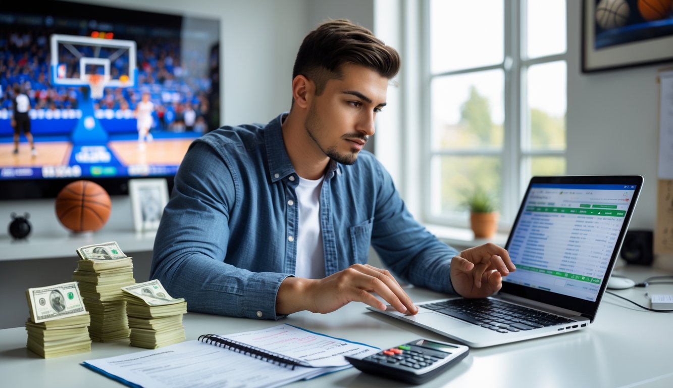 Seorang pria muda duduk di meja dengan laptop, uang tunai, dan kalkulator, sedang fokus mengelola taruhan bola basket di ruang kerja yang rapi.