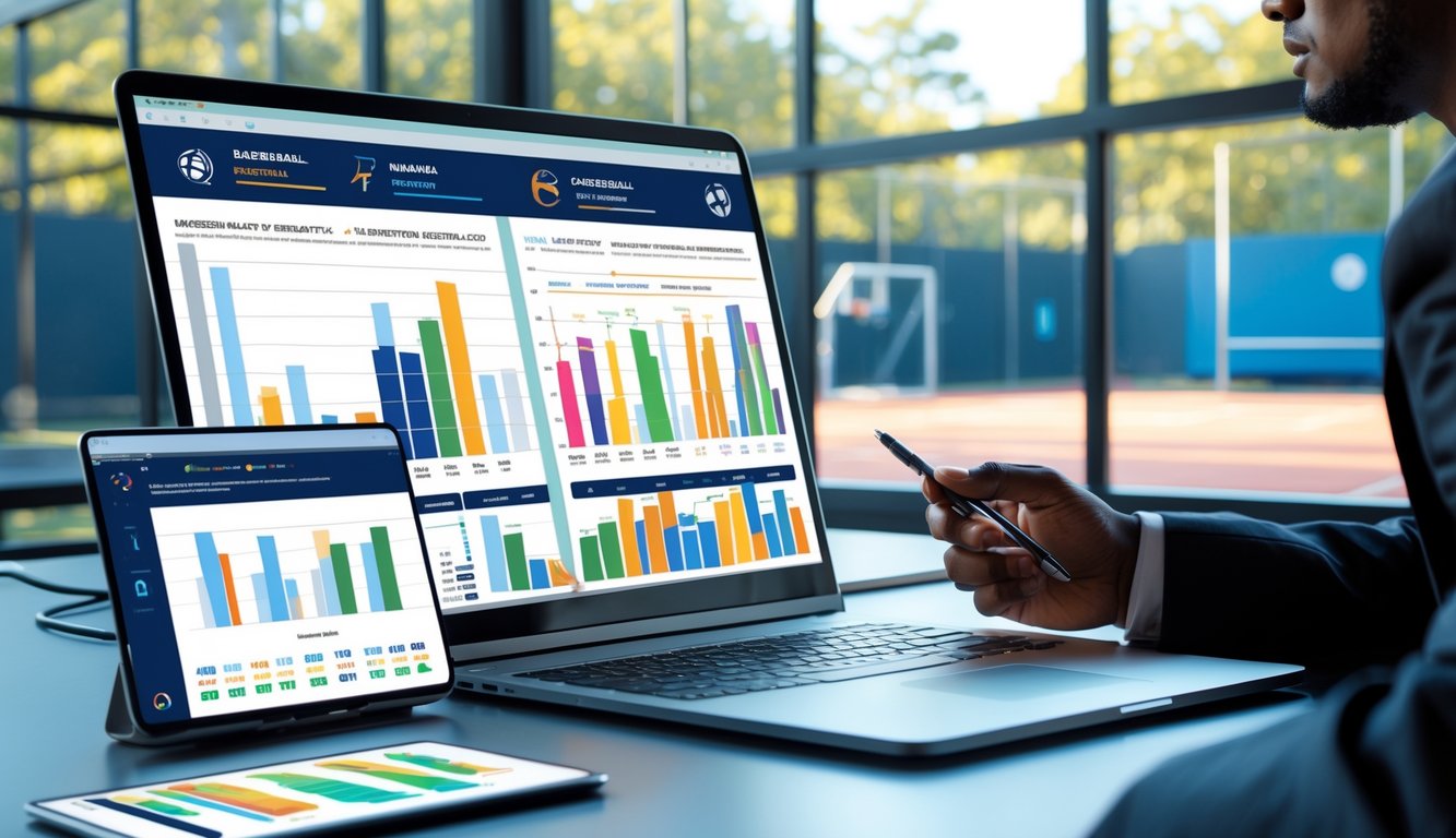 Seorang profesional sedang menganalisis data statistik basket di meja kerja dengan laptop dan tablet, latar belakang memperlihatkan lapangan basket melalui jendela besar.