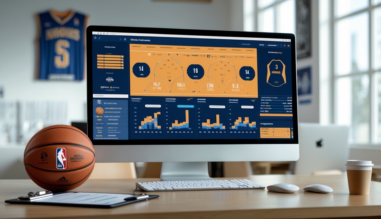 Seorang analis olahraga sedang bekerja di depan komputer yang menampilkan data statistik dan perbandingan tim basket, dengan bola basket dan catatan pertandingan di meja.
