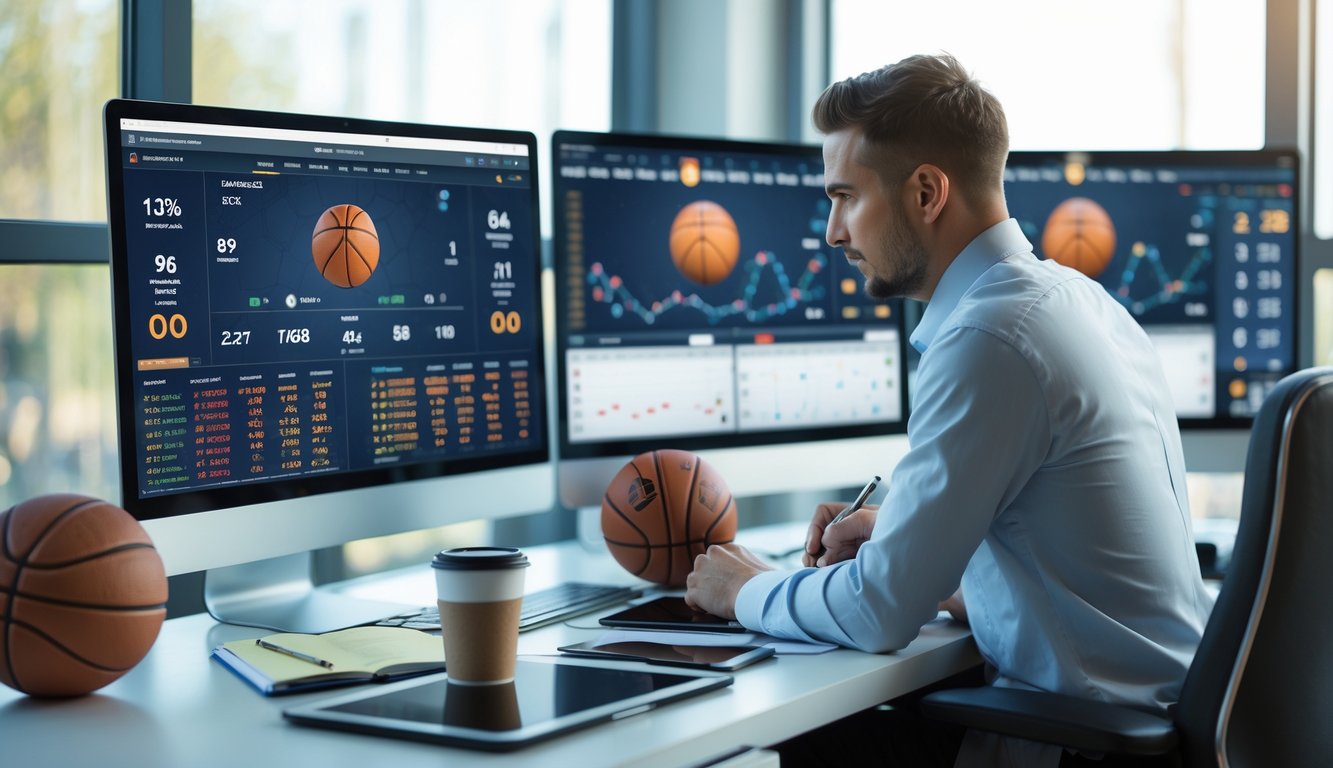 Seorang analis olahraga sedang fokus menganalisis data pertandingan basket di depan beberapa layar komputer di sebuah kantor terang.