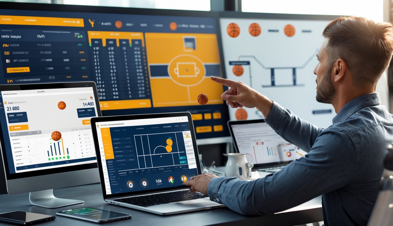 Seseorang sedang menganalisis data pertandingan basket dengan perangkat digital di sebuah meja kerja yang rapi.