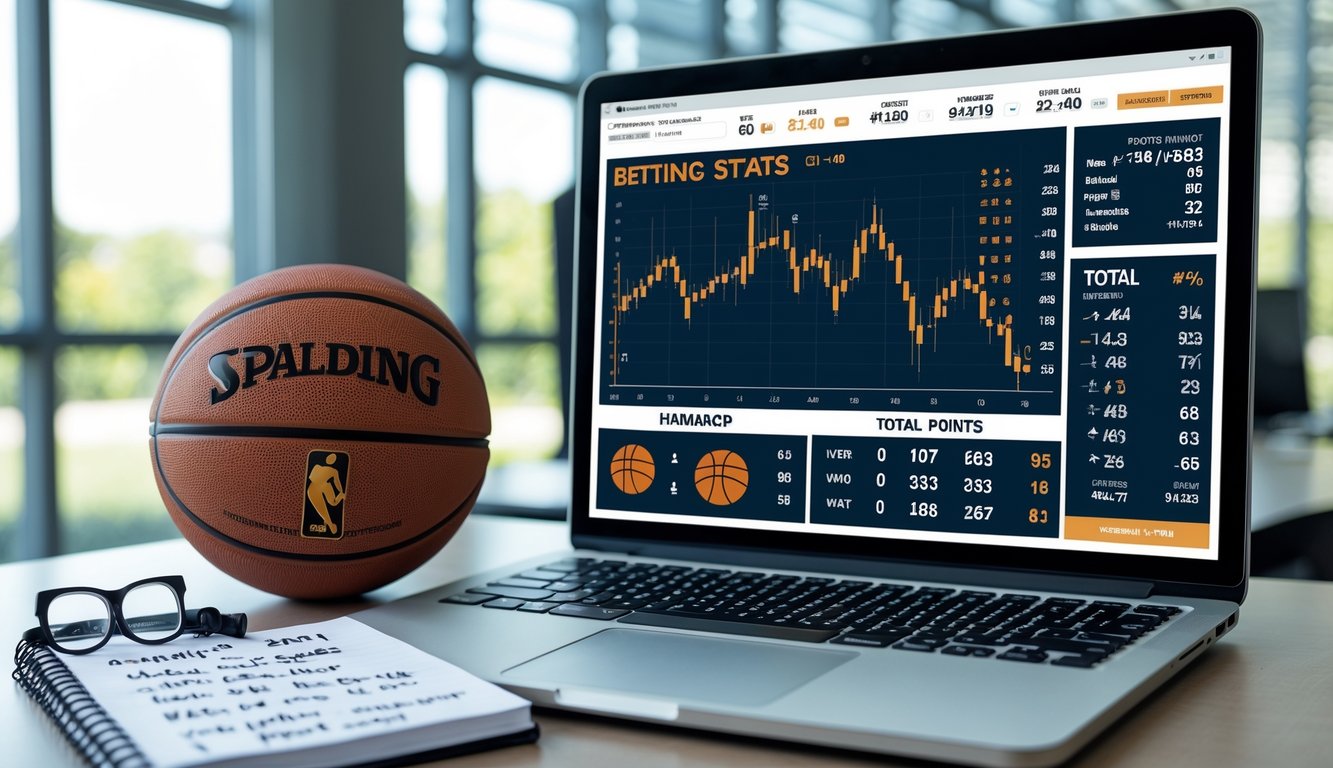 Seorang profesional sedang bekerja di meja dengan laptop yang menampilkan statistik bola basket dan catatan strategi taruhan, dikelilingi bola basket dan kacamata.