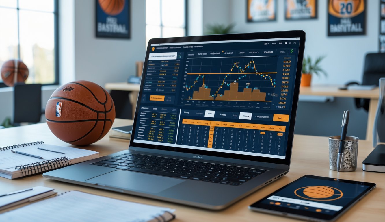 Meja kerja dengan laptop yang menampilkan statistik pertandingan bola basket, catatan tangan, bola basket, dan tablet yang menayangkan pertandingan bola basket.