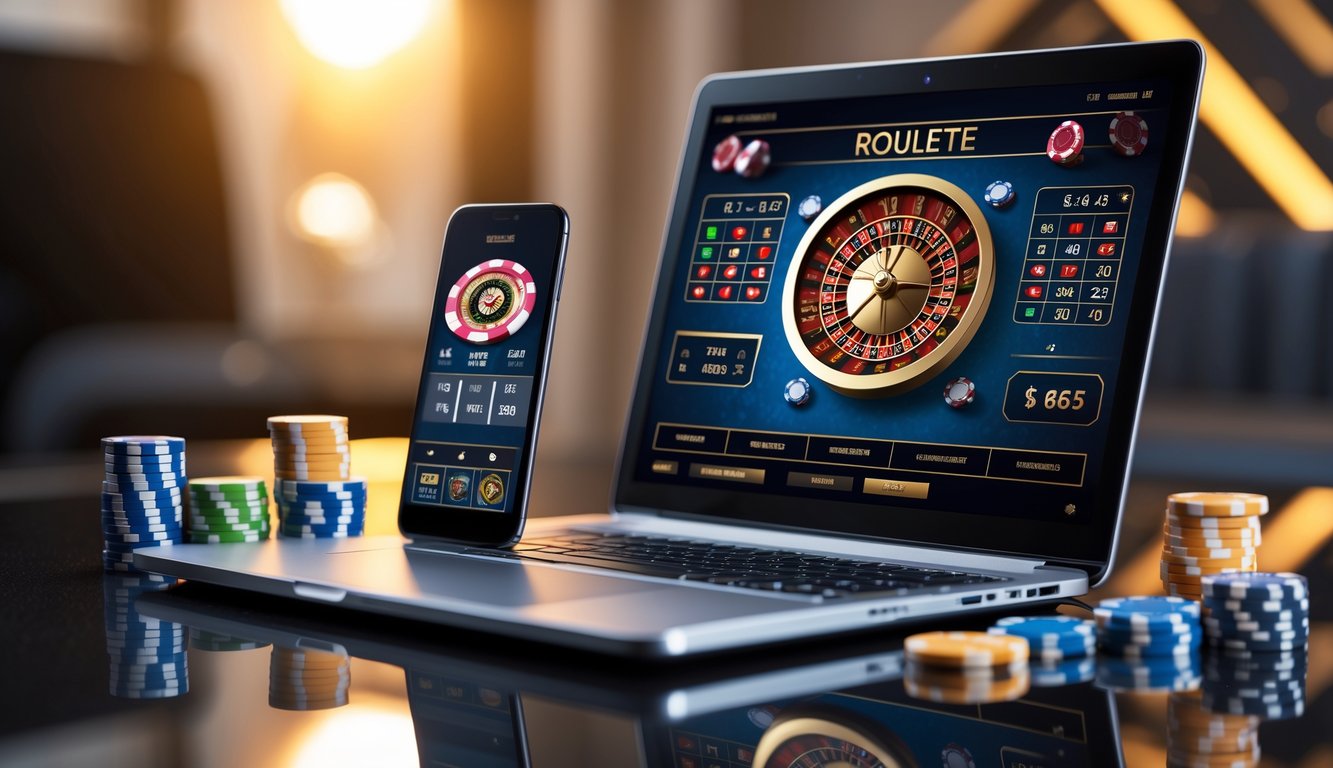 Sebuah laptop dan ponsel menampilkan permainan roulette online dengan tumpukan chip kasino di meja yang rapi.