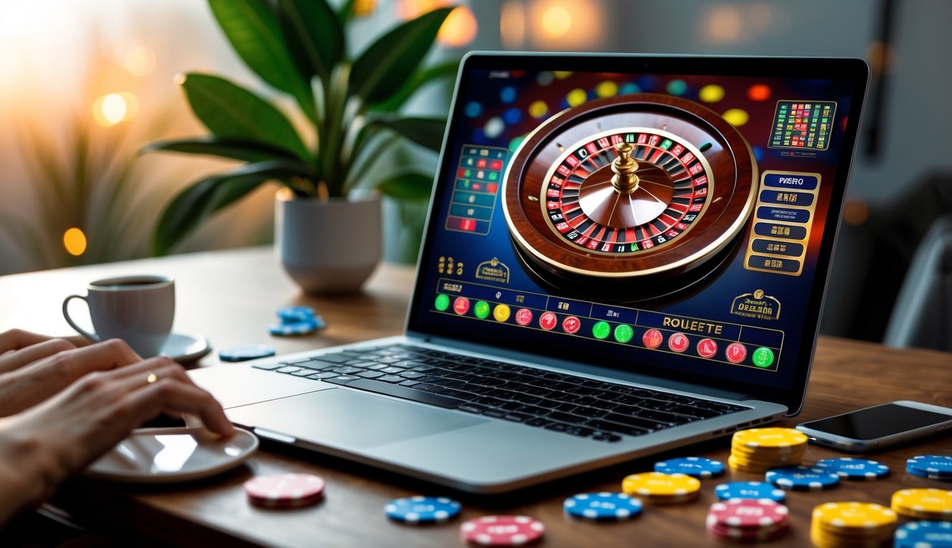 Seorang pengguna sedang bermain roulette online dengan laptop dan ponsel di meja yang nyaman.