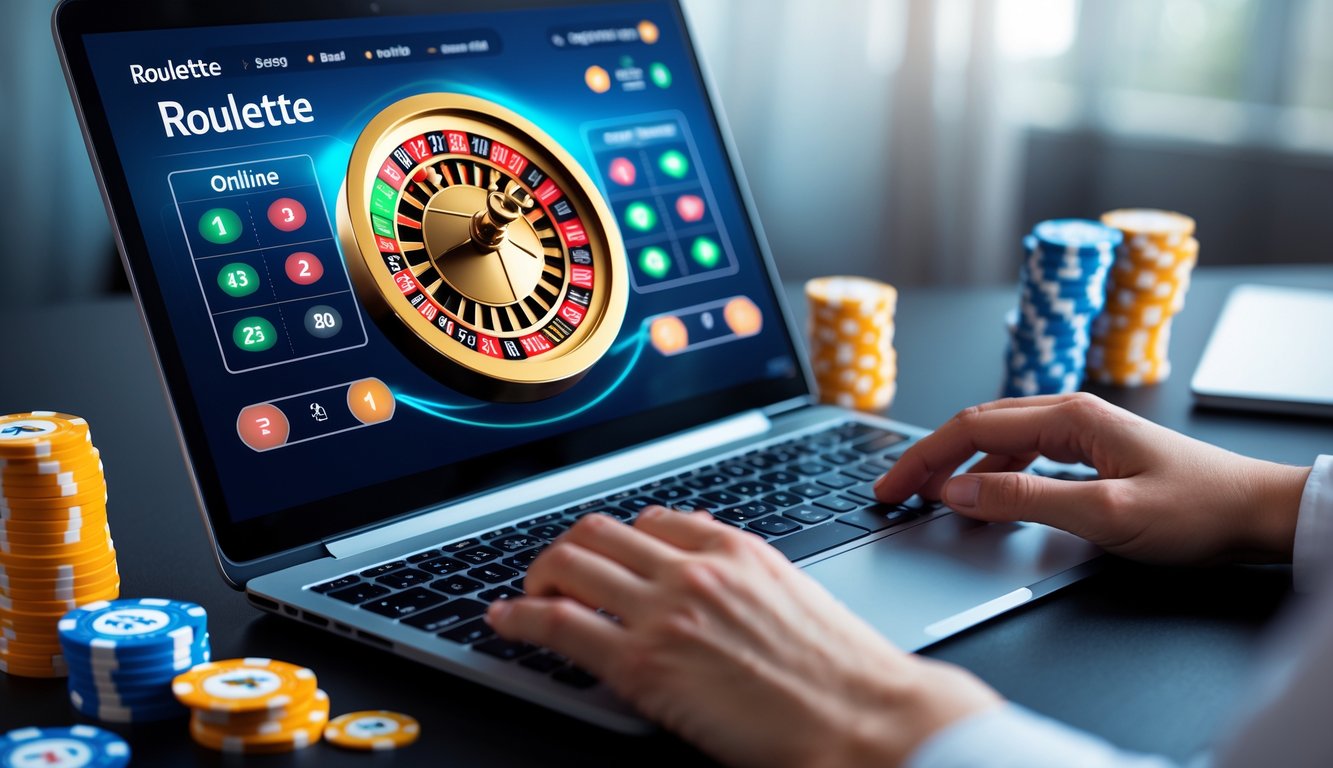 Seorang pemula bermain roulette online di laptop dengan tumpukan chip di sampingnya.