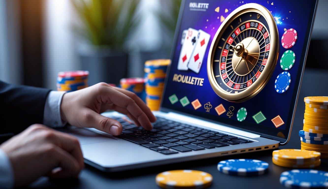Seorang pengguna komputer laptop bermain roulette online dengan tumpukan chip di meja dan roda roulette yang berputar di layar.