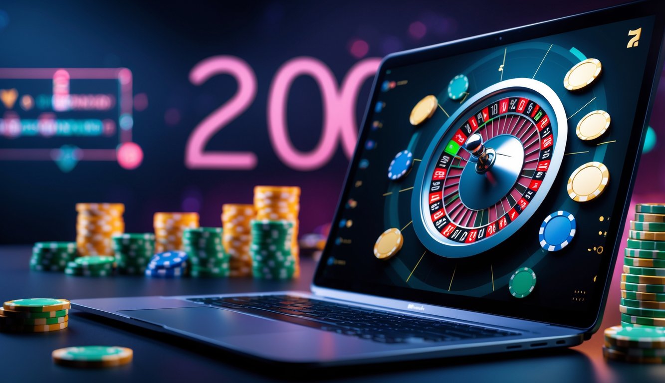 Sebuah laptop menampilkan roda roulette berputar dengan chip dan simbol uang di sekitarnya dalam suasana kasino online.