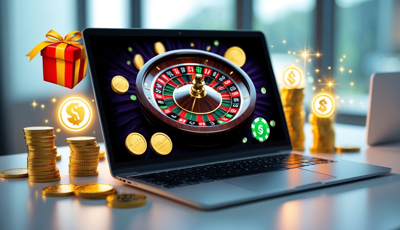 Sebuah laptop menampilkan permainan roulette online dengan koin emas dan hadiah di sekitarnya.