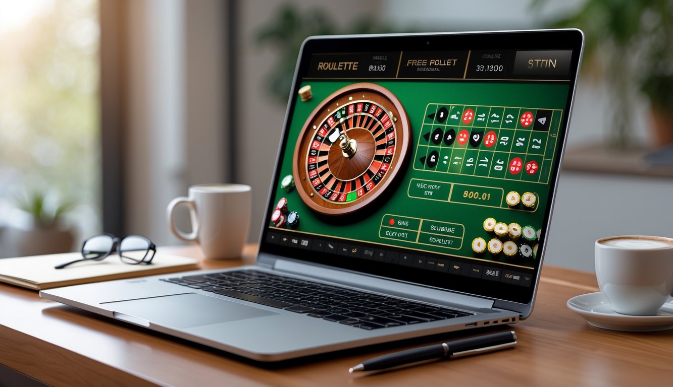 Seorang laptop dan ponsel menampilkan permainan roulette online dengan chip berwarna-warni di atas meja kayu, dikelilingi oleh cangkir kopi dan alat tulis.