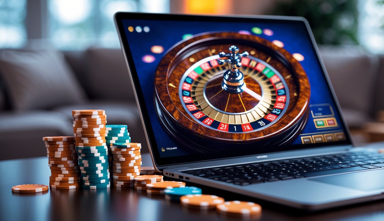 Seseorang menggunakan komputer dengan tampilan roda roulette dan chip warna-warni di meja.