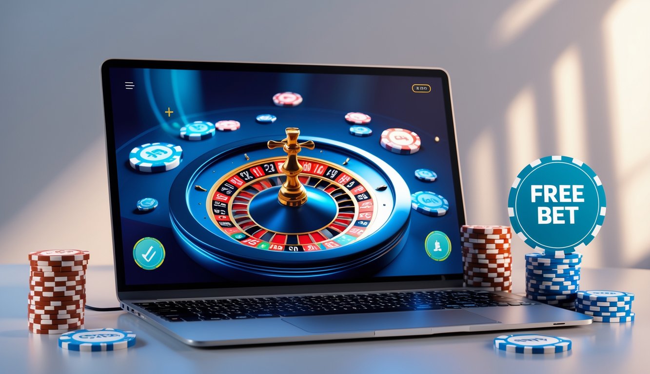 Seseorang bermain roulette online di komputer dengan roda roulette digital dan chip taruhan di layar.
