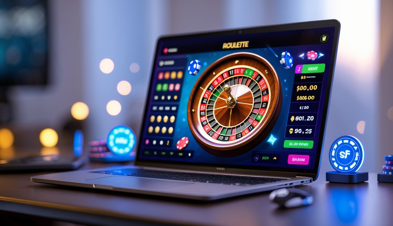 Seseorang menggunakan komputer dengan permainan roulette online berwarna cerah di layar, dikelilingi oleh chip digital dan elemen promosi tanpa teks.