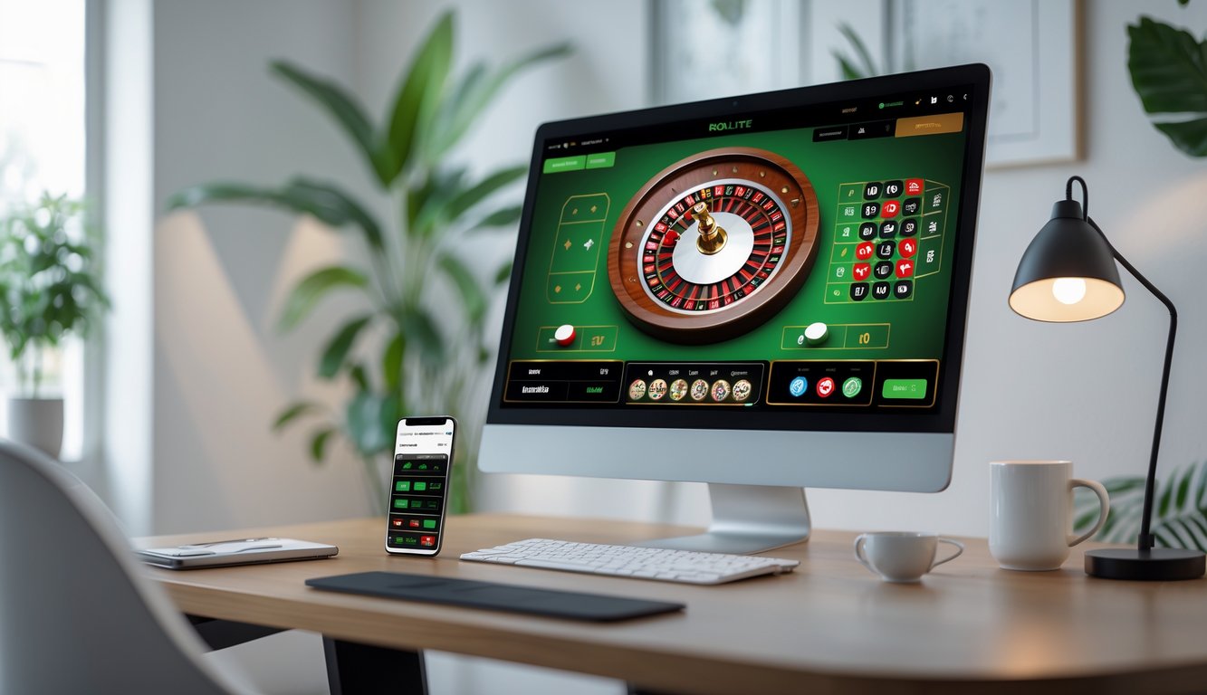 Sebuah monitor komputer menampilkan permainan roulette online dengan roda roulette dan chip berwarna-warni di meja kerja yang terang dan rapi.
