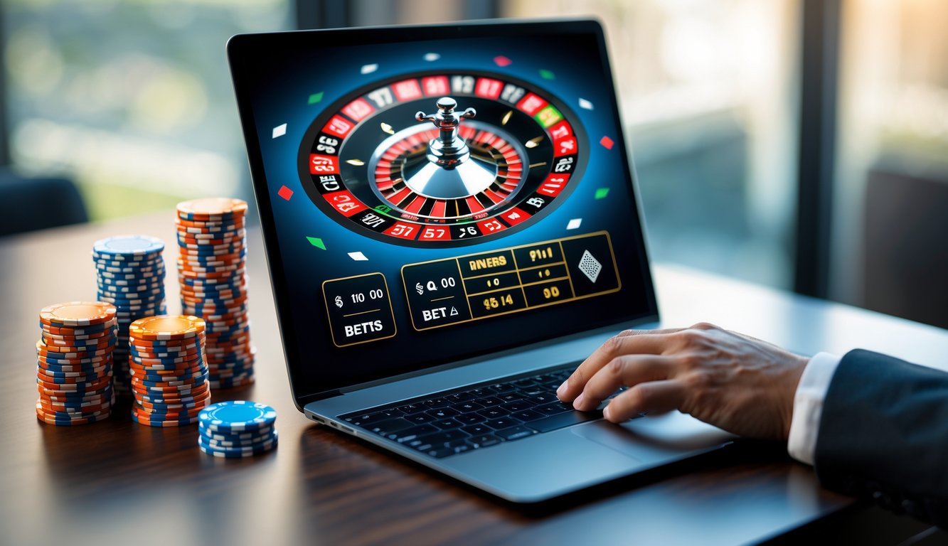 Seseorang menggunakan laptop dengan tampilan permainan roulette online dan tumpukan chip di meja kayu.