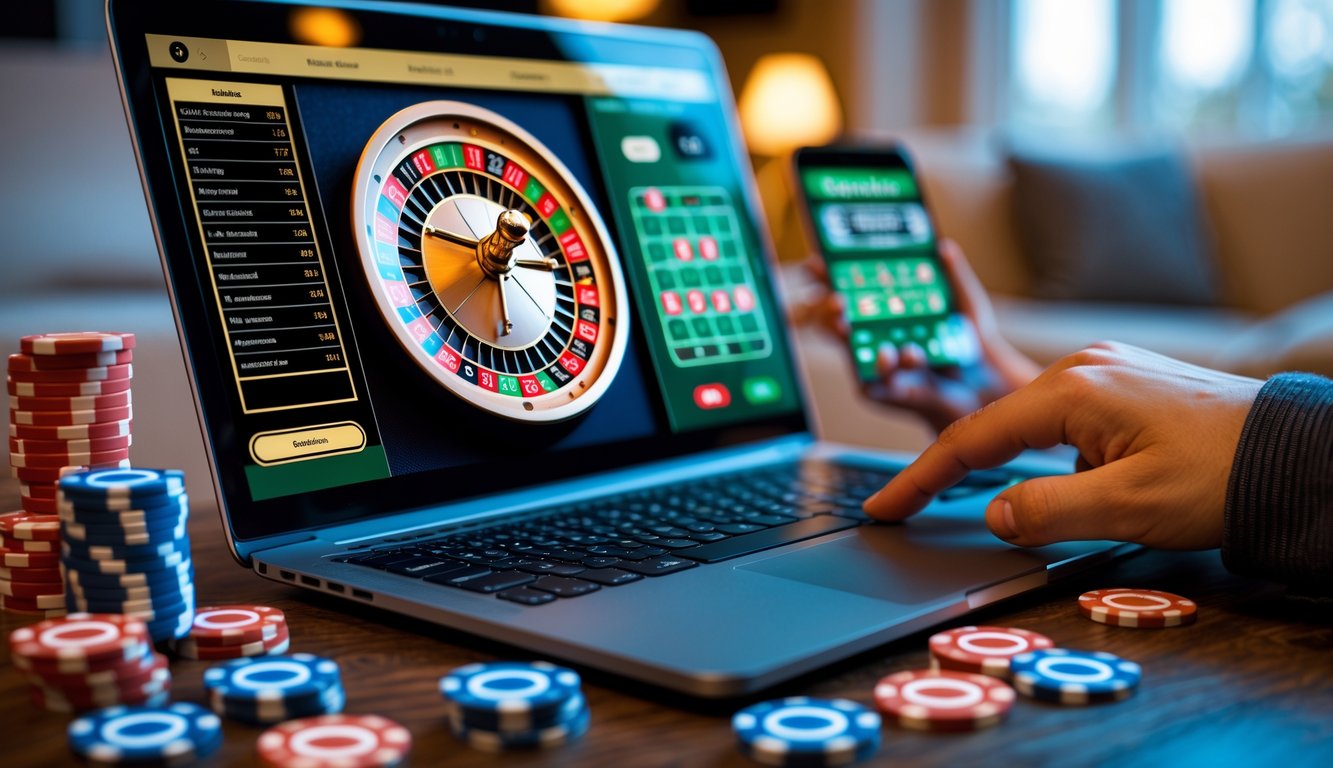 Seseorang menggunakan laptop dan smartphone untuk bermain roulette online dengan chip kasino di meja.