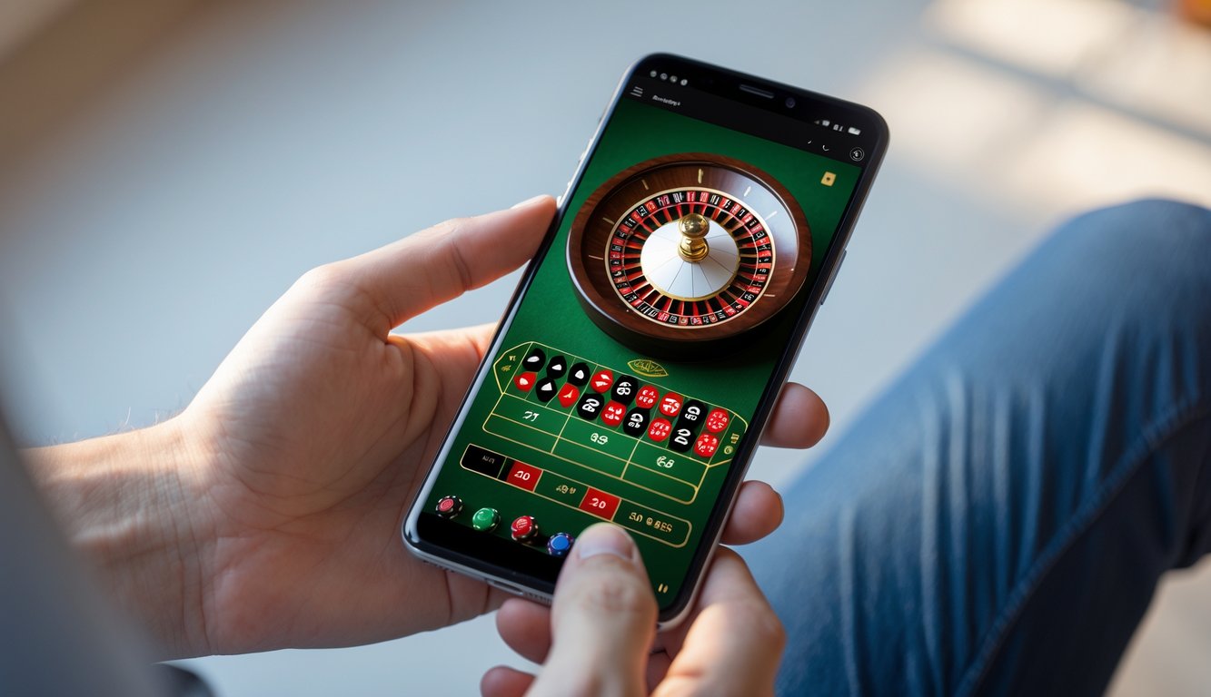 Seseorang memegang ponsel yang menampilkan permainan roulette online dengan latar dalam ruangan yang nyaman.