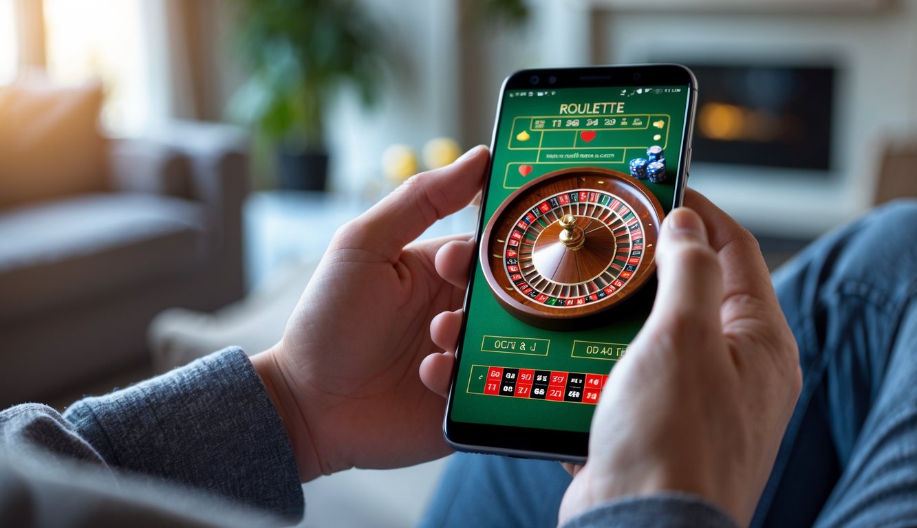 Seseorang memegang ponsel yang menampilkan permainan roulette online di layar dalam ruangan yang nyaman.
