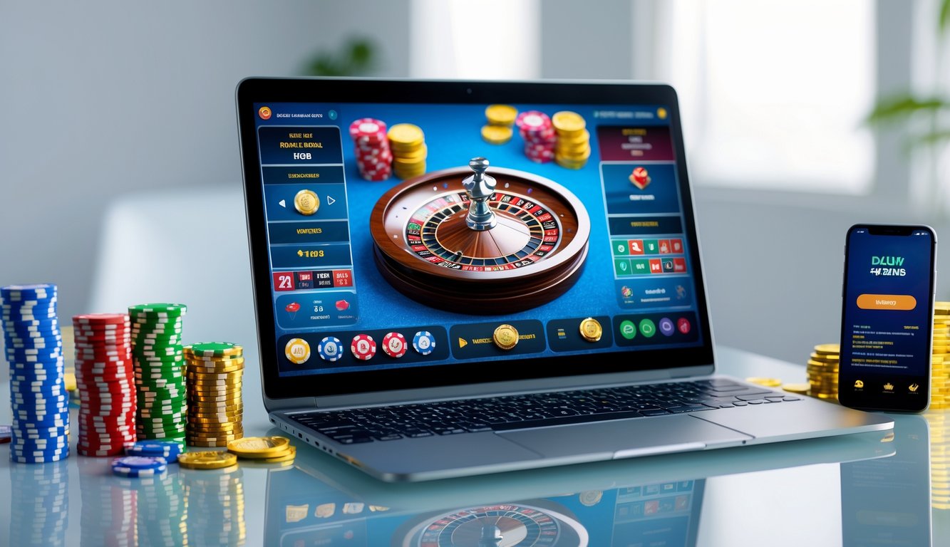 Layar laptop menampilkan permainan roulette online dengan roda roulette berputar, dikelilingi oleh tumpukan chip kasino dan koin emas di atas meja.