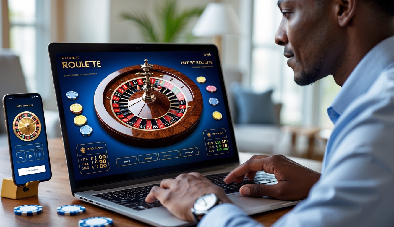 Seseorang menggunakan komputer dengan layar menampilkan roda roulette online dan chip digital di meja, di ruangan yang terang dan rapi.