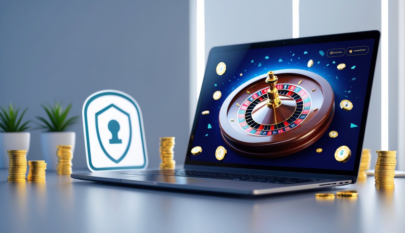 Seorang pengguna sedang bermain roulette online di laptop dengan simbol keamanan dan lisensi terlihat di layar.