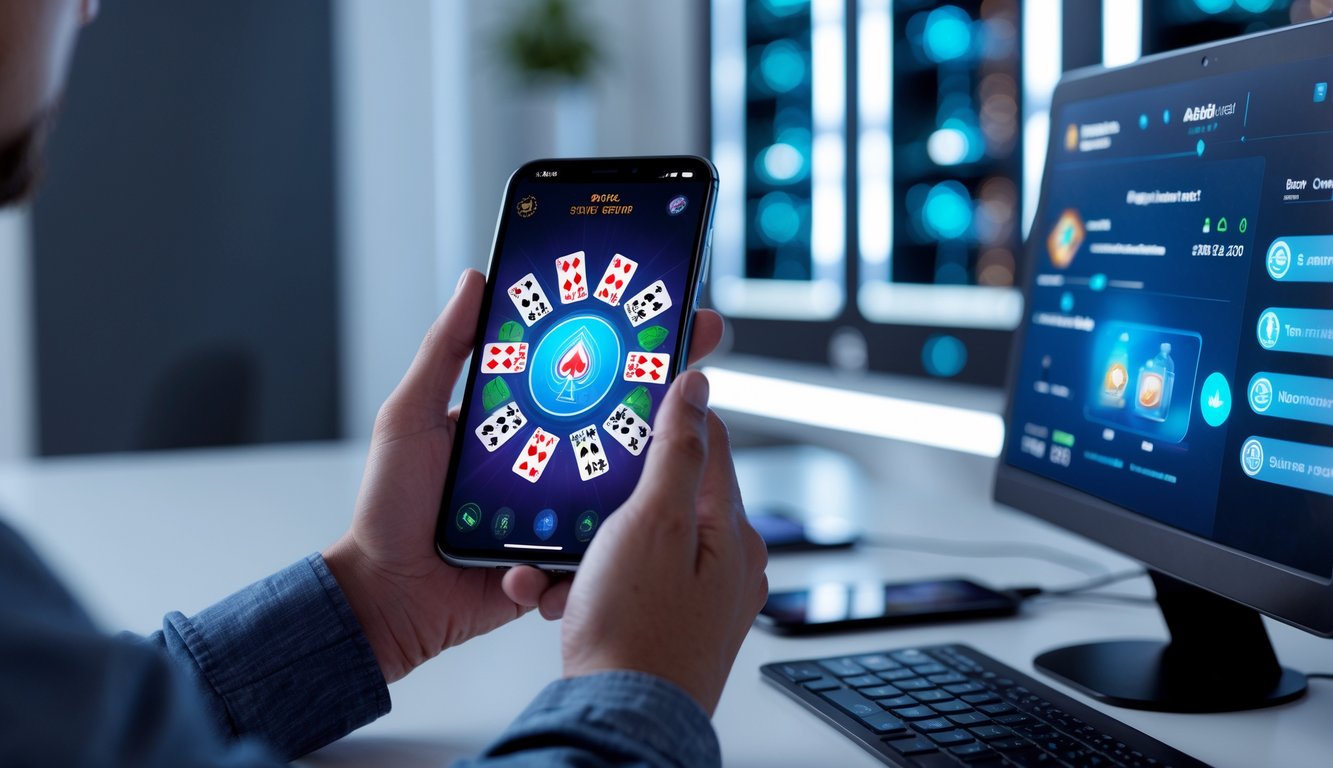 Seseorang memegang ponsel yang menampilkan permainan poker online dengan latar belakang ruang server yang modern dan aman.