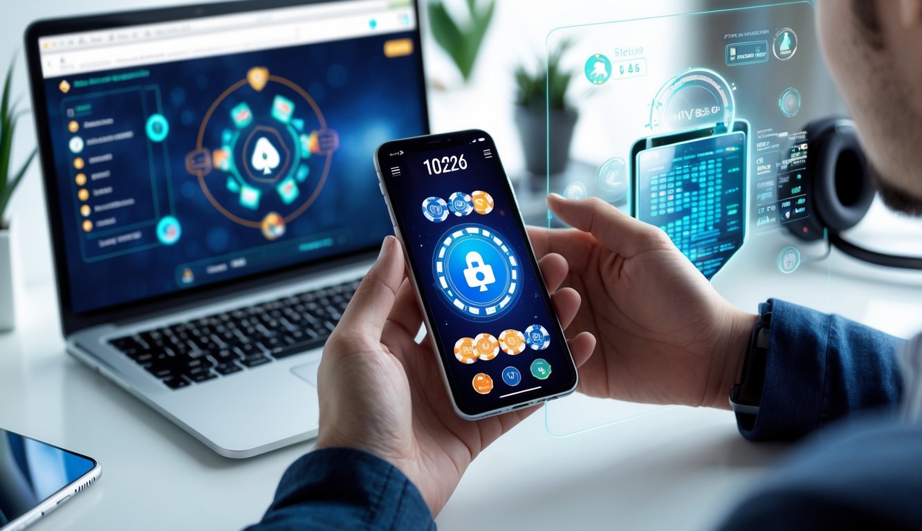 Seseorang memegang ponsel yang menampilkan permainan poker online dengan latar belakang elemen keamanan digital dan perangkat teknologi di meja.