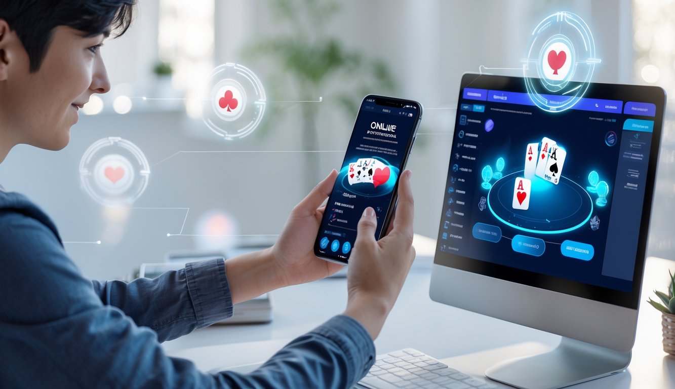 Seorang dewasa muda bermain poker online di ponsel dengan latar meja minimalis dan pencahayaan alami.