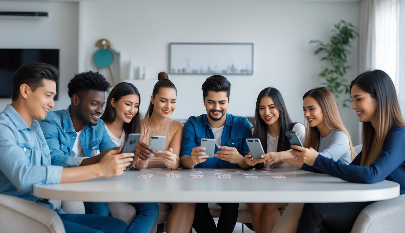 Sekelompok orang muda bermain poker online menggunakan ponsel di ruang tamu modern yang terang dan nyaman.