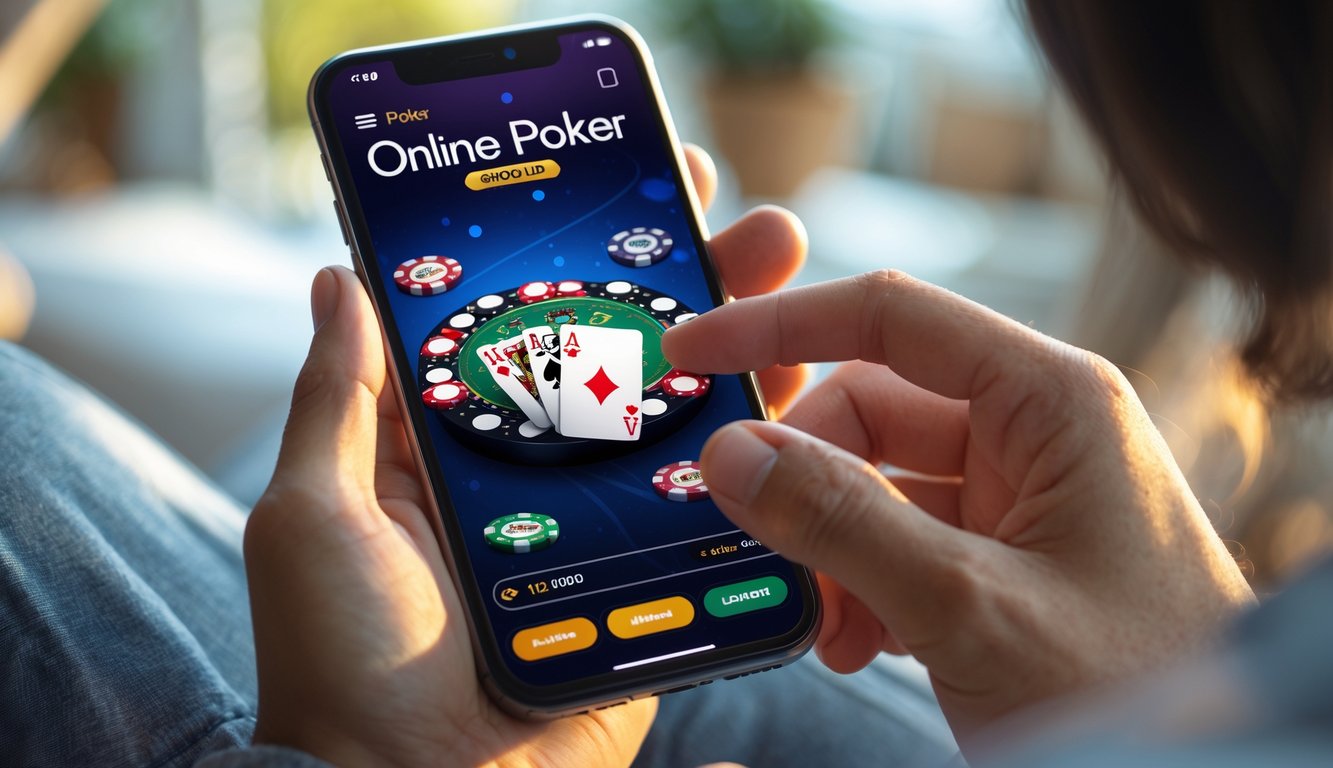 Seseorang memegang smartphone yang menampilkan permainan poker online di layar dalam suasana ruangan yang nyaman.