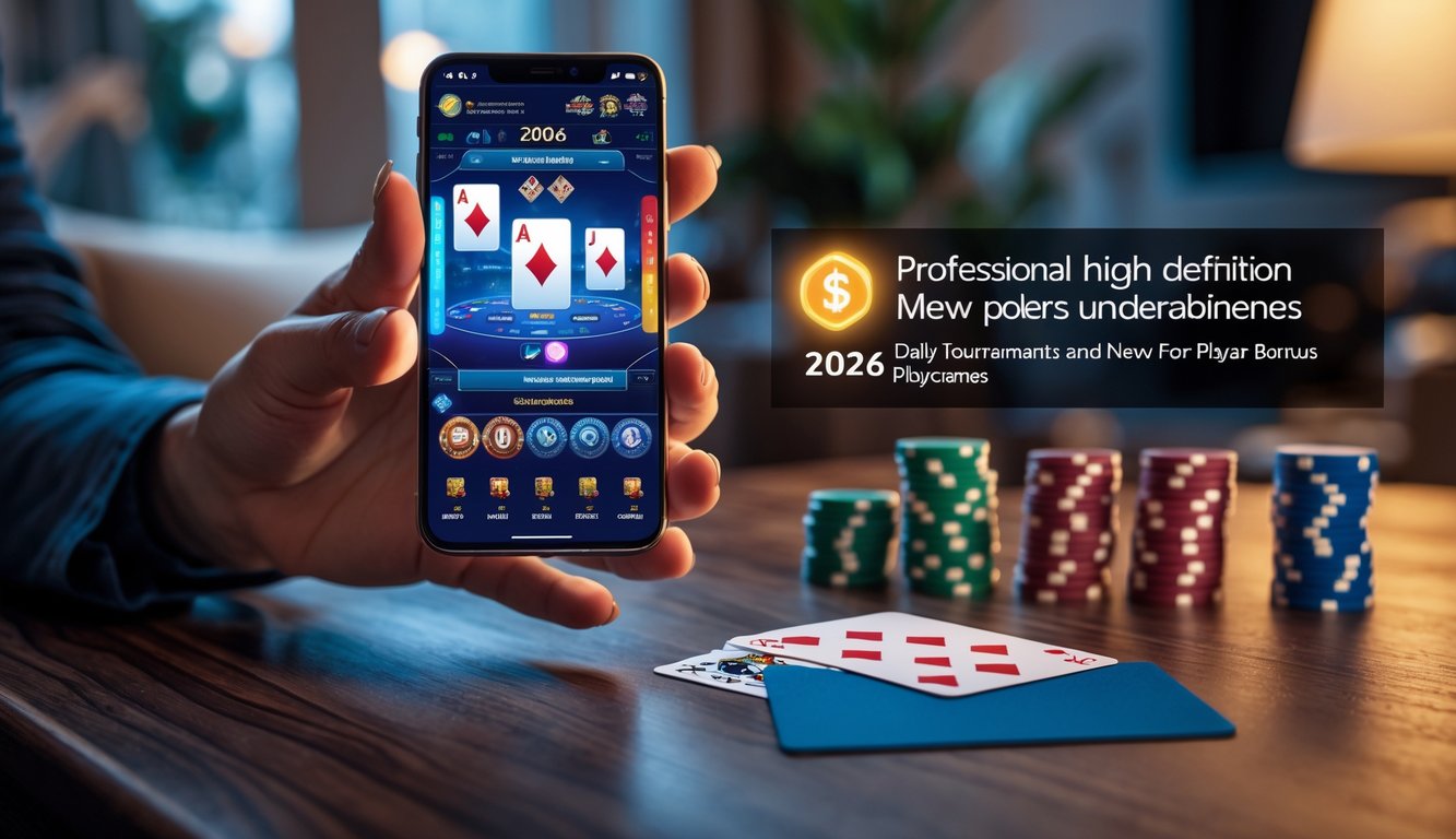 Seseorang memegang ponsel dengan tampilan permainan poker, di meja terdapat chip dan kartu remi dalam ruangan yang nyaman.