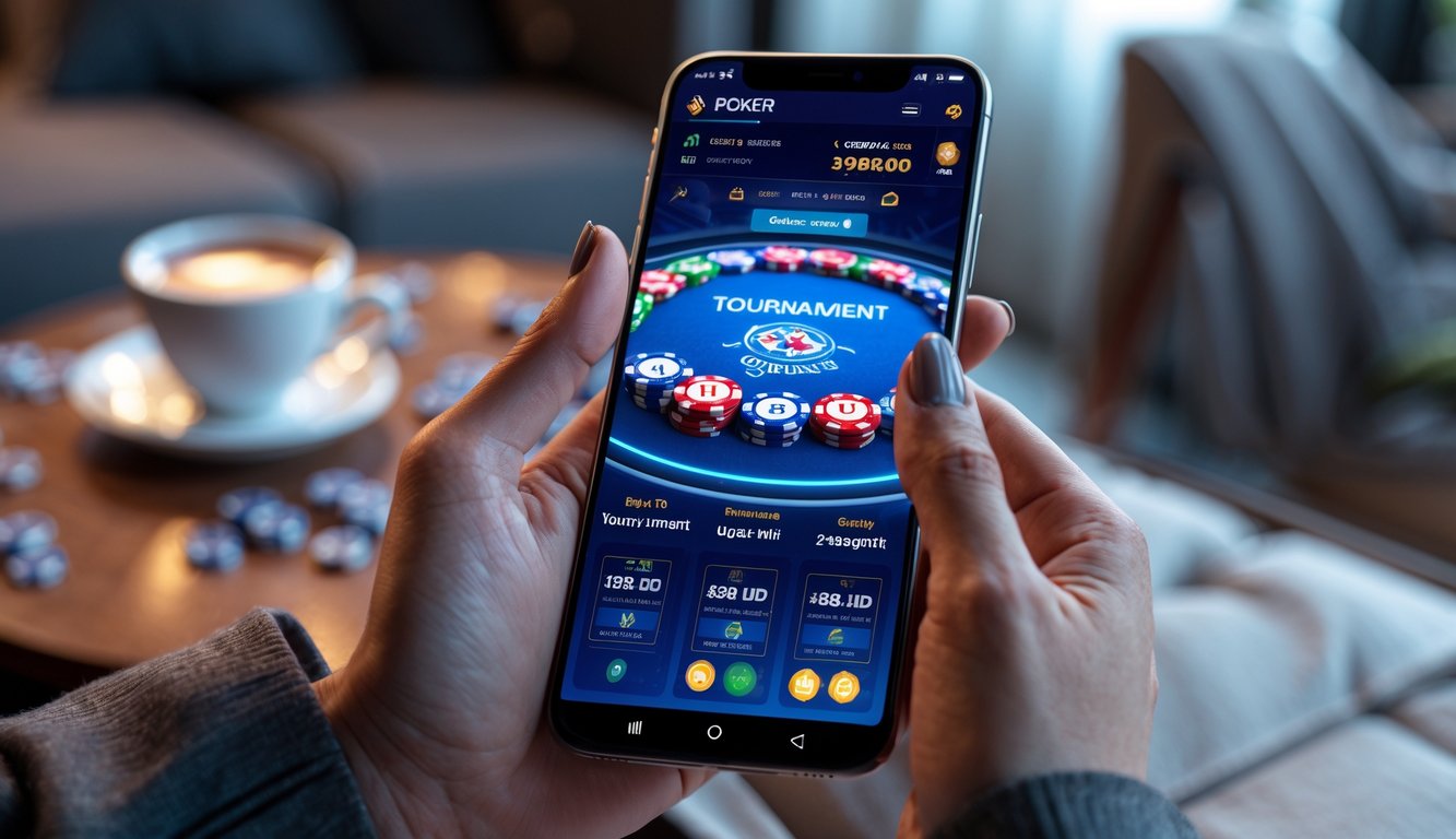 Tangan memegang ponsel yang menampilkan permainan poker online dengan tumpukan chip dan kartu, di latar belakang suasana ruangan yang nyaman.