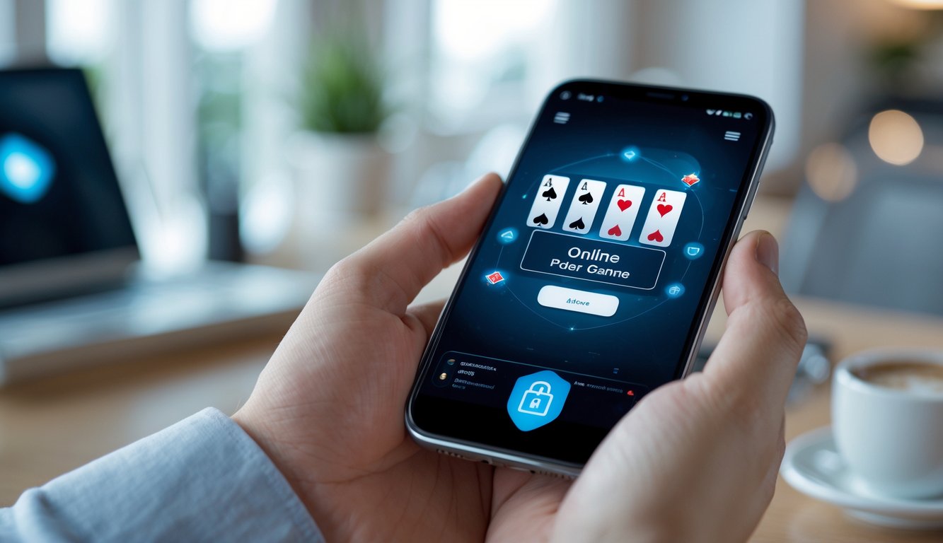Tangan memegang ponsel yang menampilkan permainan poker online di layar dalam suasana yang aman dan nyaman.
