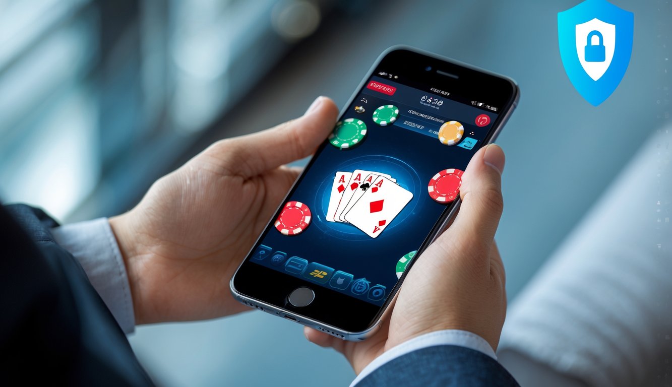 Seseorang memegang ponsel yang menampilkan permainan poker online dengan kartu dan chip di layar.