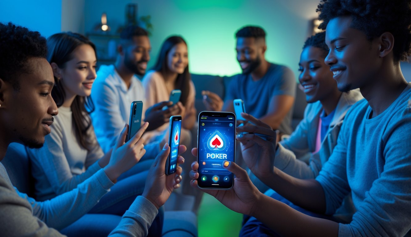 Beberapa orang muda menggunakan ponsel pintar untuk bermain poker online dalam ruangan modern dengan pencahayaan hangat.