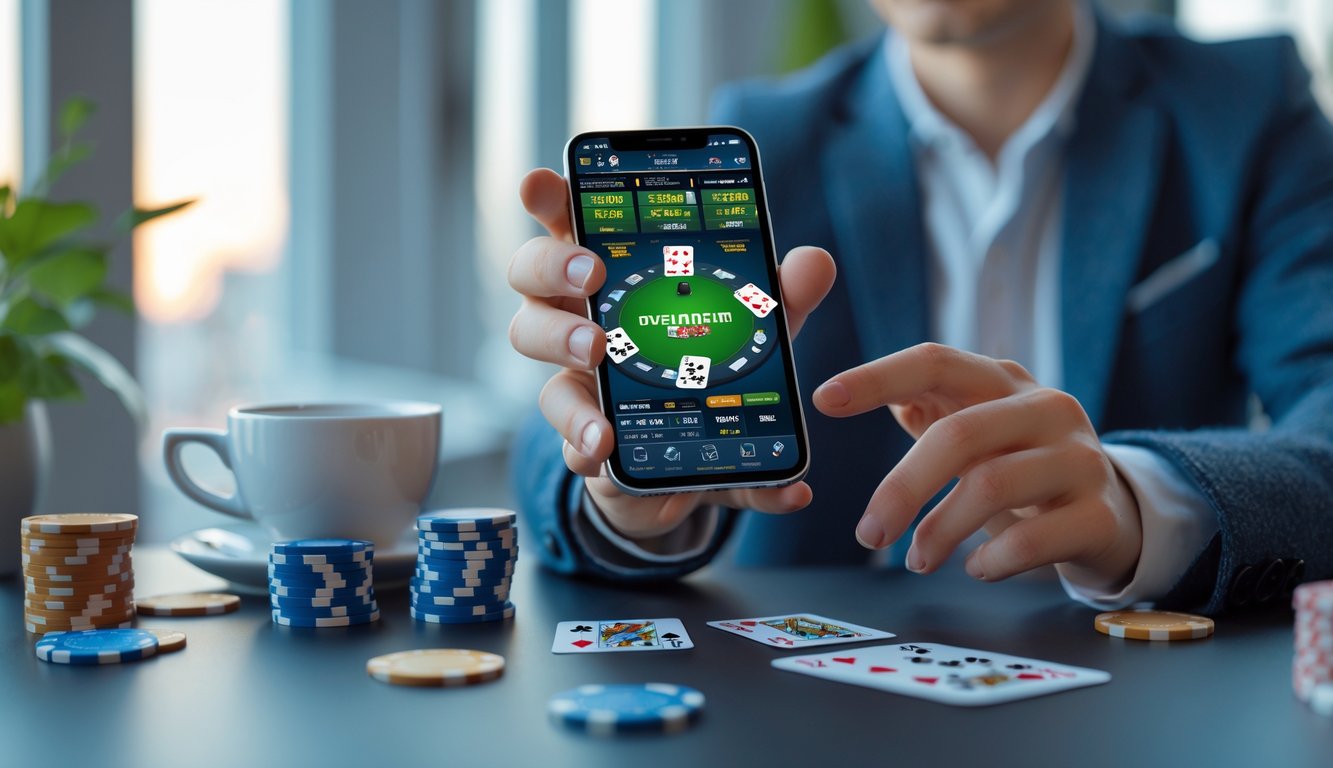 Seseorang sedang bermain poker online di smartphone dengan suasana ruangan yang nyaman dan pencahayaan alami.