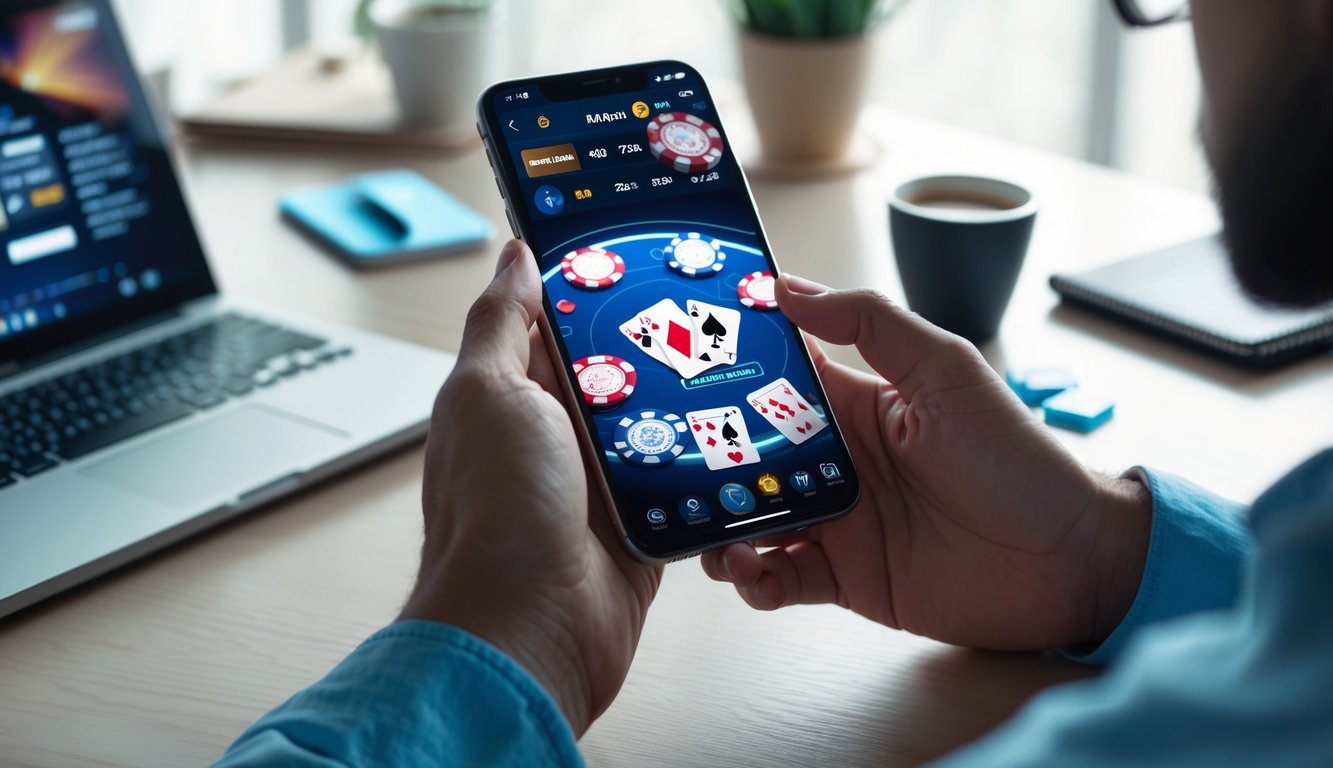 Seseorang sedang bermain poker online menggunakan smartphone di atas meja dengan latar dalam ruangan yang terang.