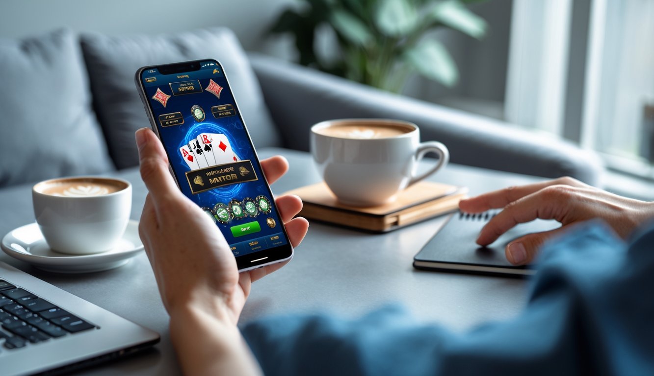 Seorang dewasa muda menggunakan ponsel untuk bermain poker online dengan antarmuka permainan langsung yang terlihat di layar.