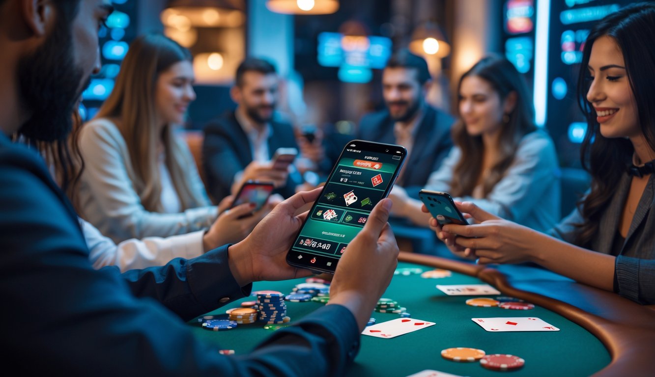 Beberapa orang menggunakan ponsel mereka untuk bermain poker online dalam suasana ruangan yang nyaman dengan pencahayaan hangat.