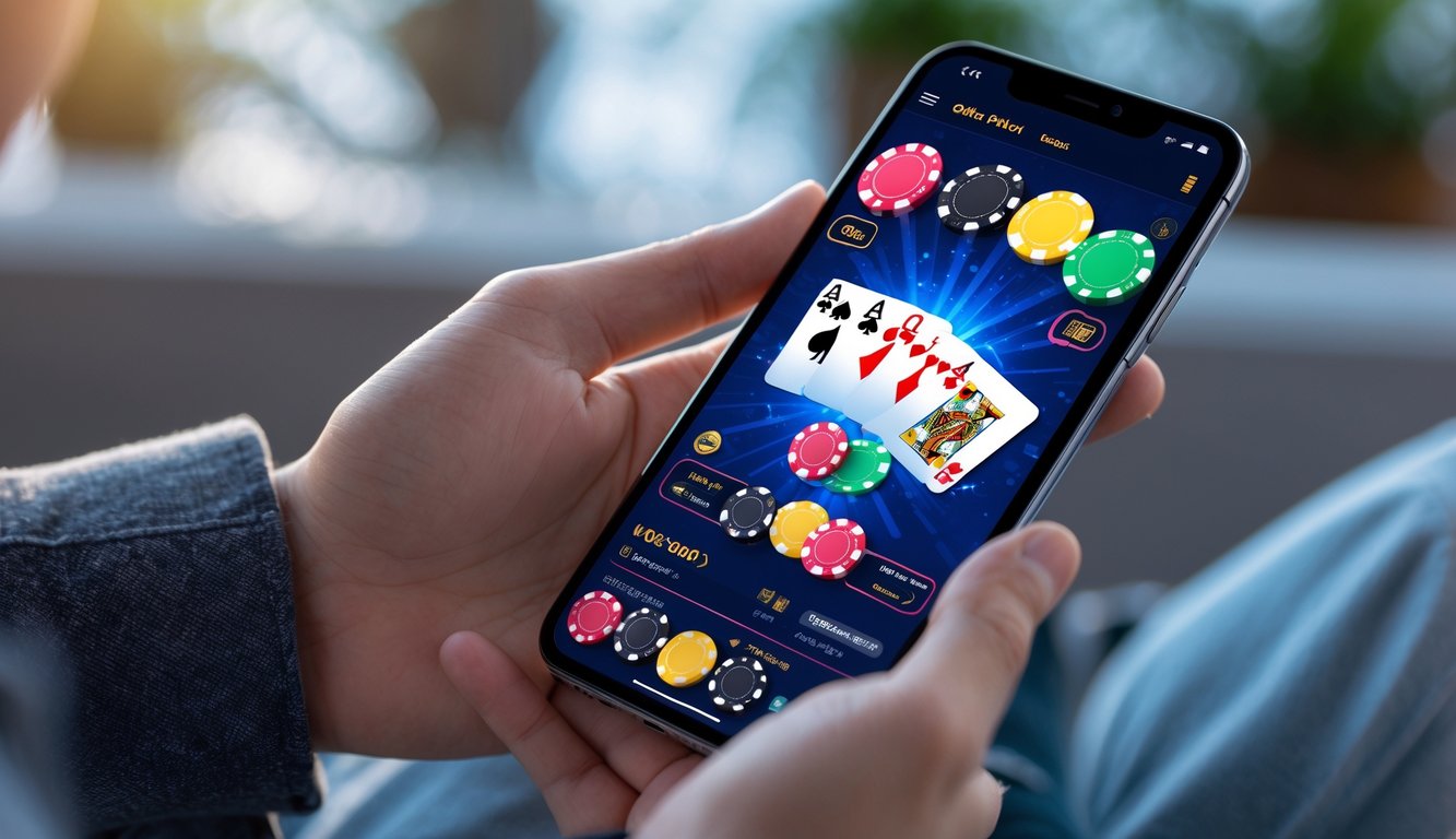 Seseorang memegang smartphone yang menampilkan permainan poker online dengan grafik warna-warni dan kartu di layar.