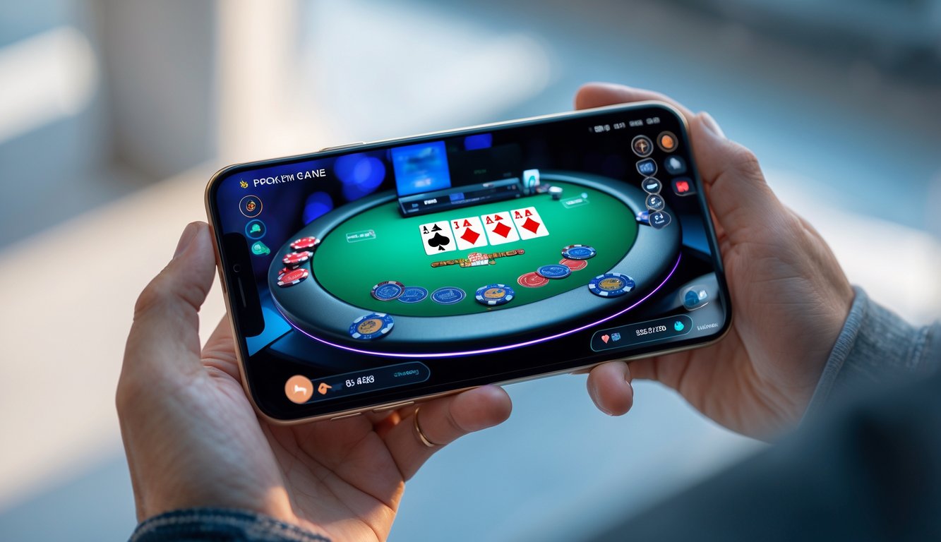 Seseorang memegang smartphone yang menampilkan permainan poker online dengan grafis jelas dan gameplay lancar.