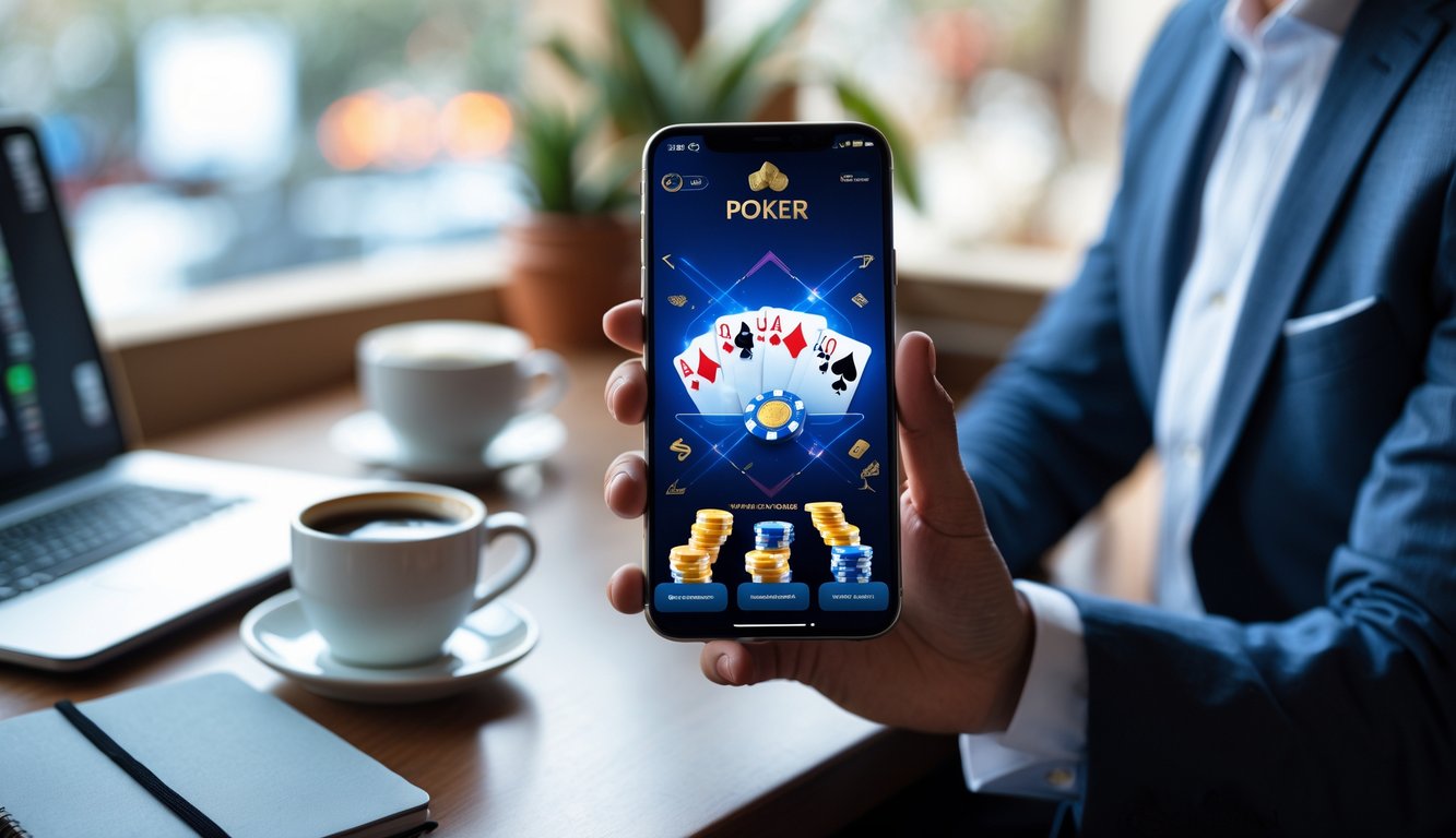 Seseorang memegang ponsel yang menampilkan permainan poker online dengan kartu dan chip di layar dalam suasana santai dan profesional.