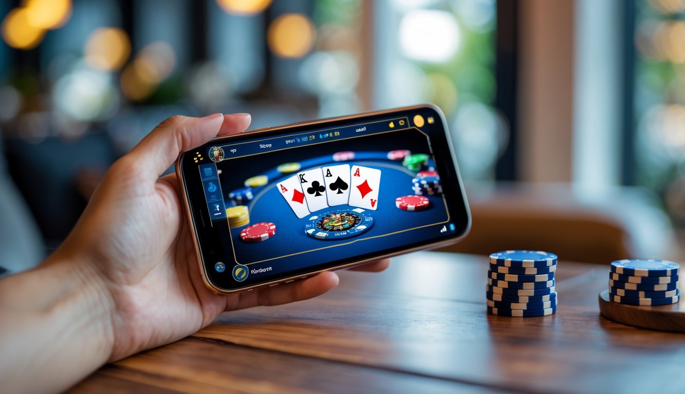 Seorang pengguna memegang ponsel dengan tampilan permainan poker online yang cerah di lingkungan dalam ruangan yang nyaman.
