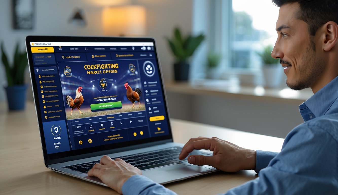 Seorang pria muda menggunakan laptop di ruang kerja modern dengan tampilan situs taruhan sabung ayam di layar.