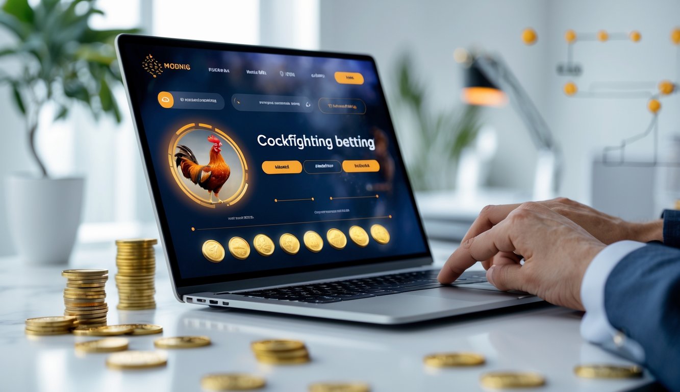 Seorang pengguna sedang menggunakan laptop di meja kerja dengan tampilan platform taruhan sabung ayam yang profesional dan terpercaya.