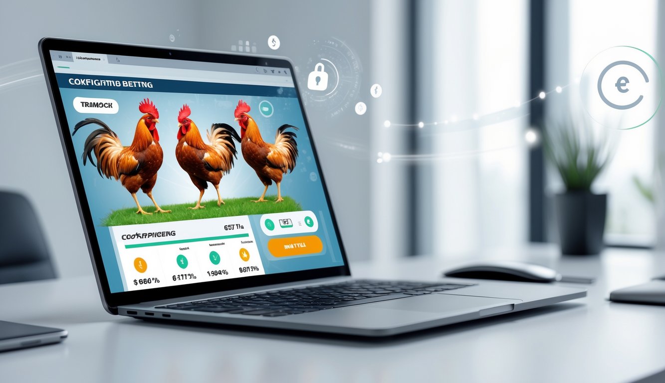 Orang menggunakan laptop atau ponsel dengan tampilan antarmuka taruhan sabung ayam yang modern dan aman di ruang kerja yang terang dan rapi.