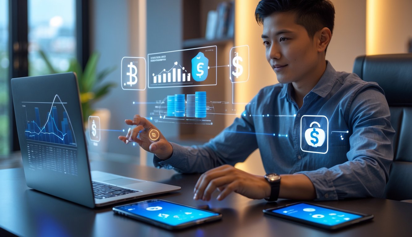 Seorang pria muda menggunakan perangkat digital di meja modern, menunjukkan aktivitas transaksi online yang cepat dan aman.