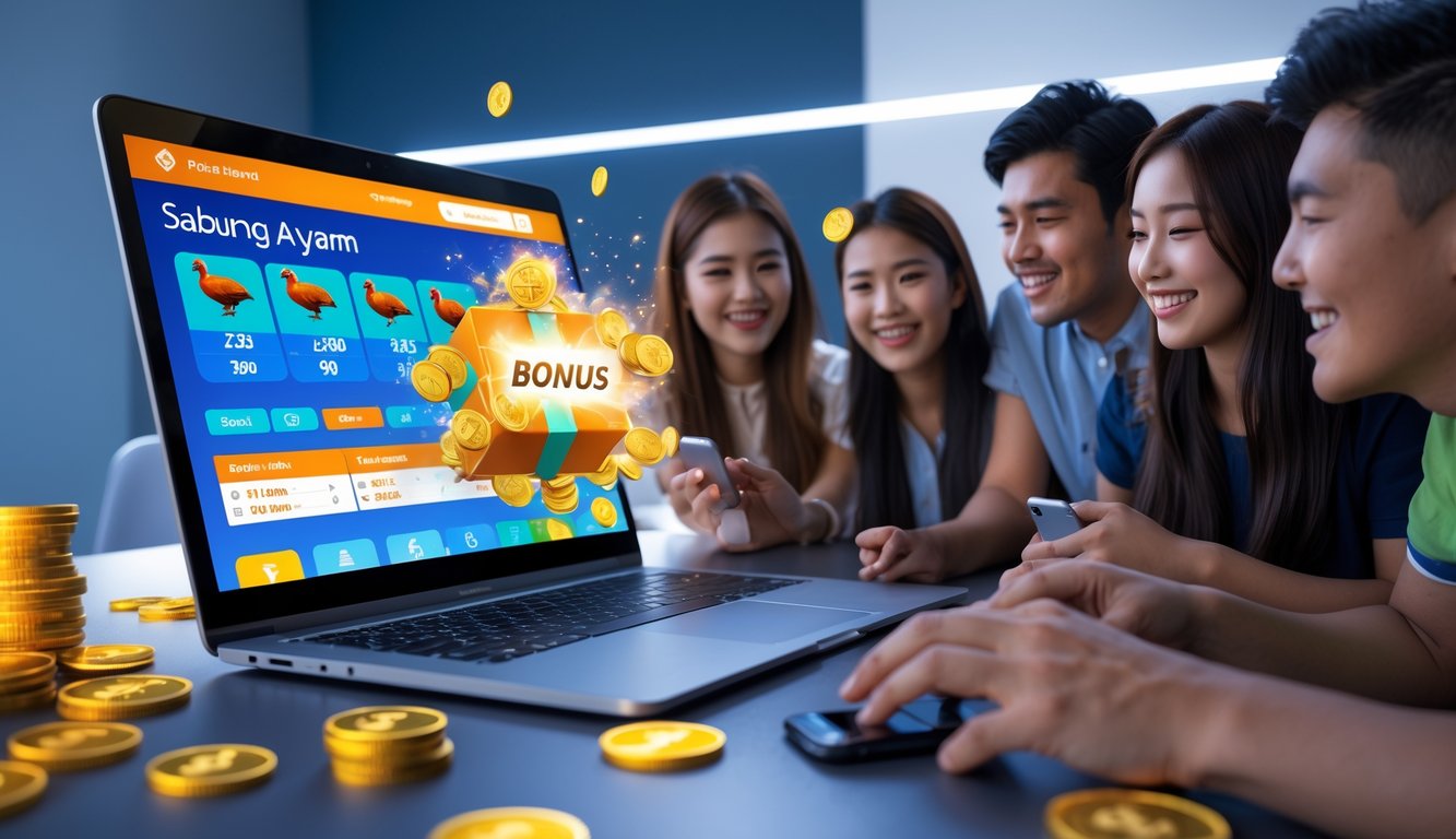 Beberapa orang muda sedang menggunakan laptop dan ponsel untuk memasang taruhan sabung ayam secara online dengan suasana ceria dan modern.