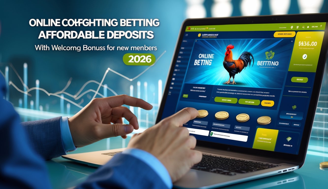 Seseorang menggunakan perangkat digital untuk memasang taruhan sabung ayam secara online dengan latar belakang simbol ayam jantan dan suasana kompetisi.