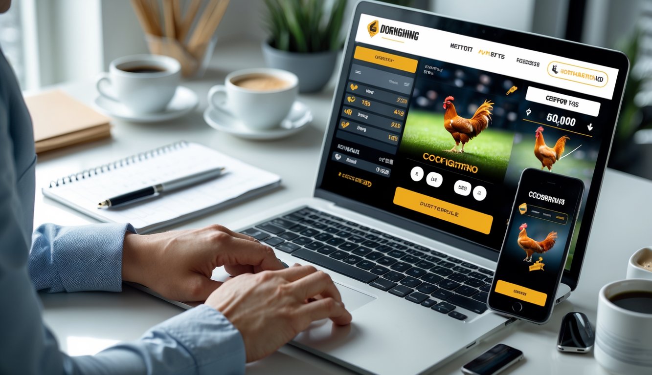 Orang menggunakan laptop dan ponsel untuk mengakses situs taruhan sabung ayam dengan suasana kerja yang rapi dan terang.